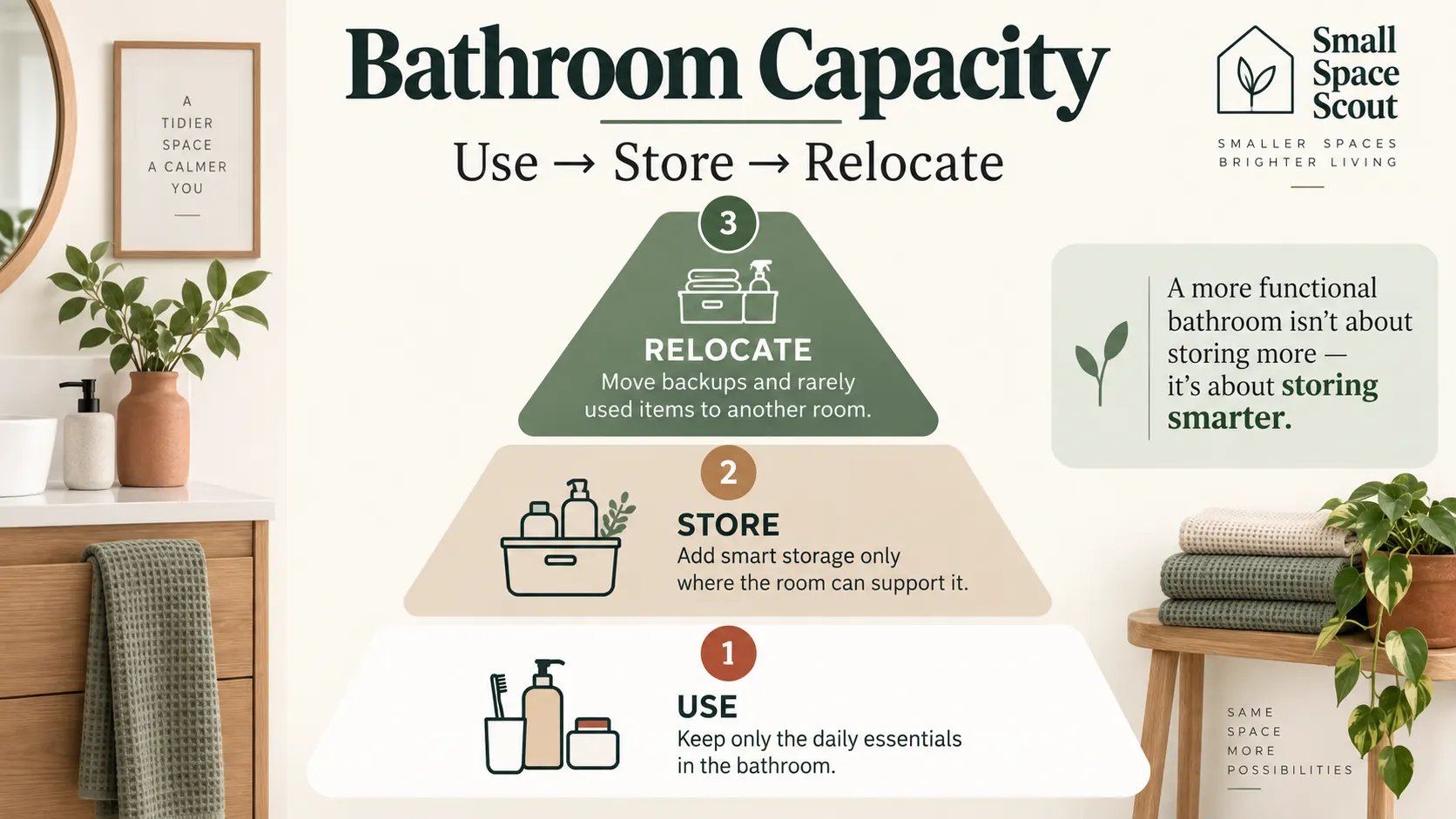 Bathroom capacity diagram showing a use, store, and relocate system for a tiny bathroom with limited storage