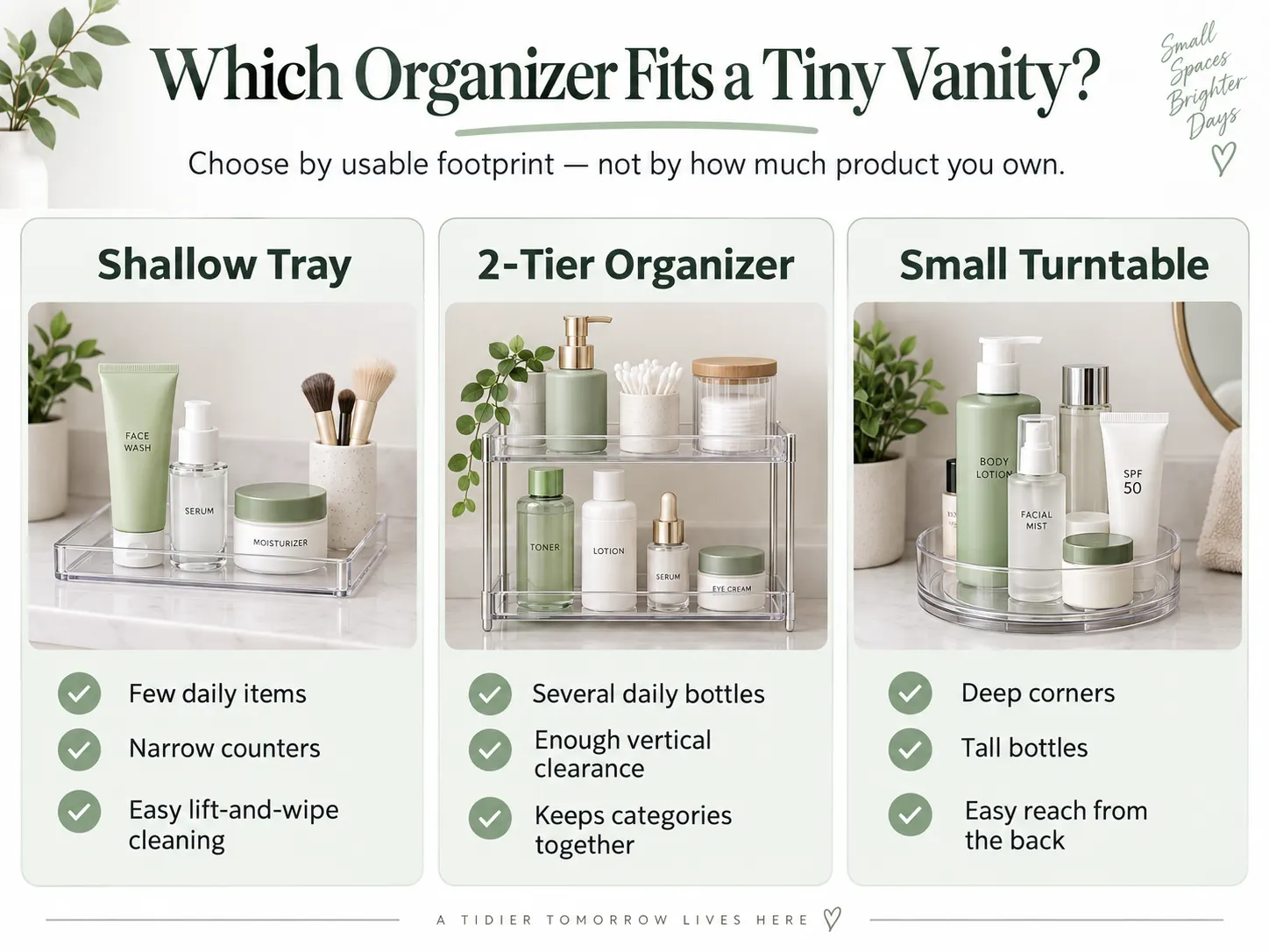 Comparison of a shallow tray, two-tier bathroom organizer, and turntable for organizing a small vanity counter.