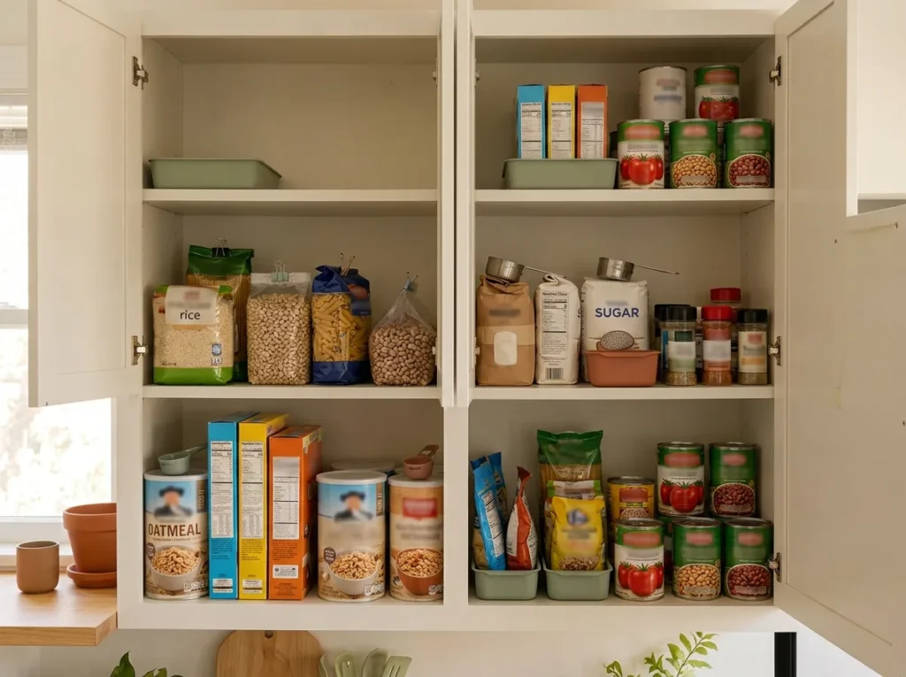 Open kitchen cabinets with cereal, rice, pasta, canned food and baking supplies grouped on separate shelves.