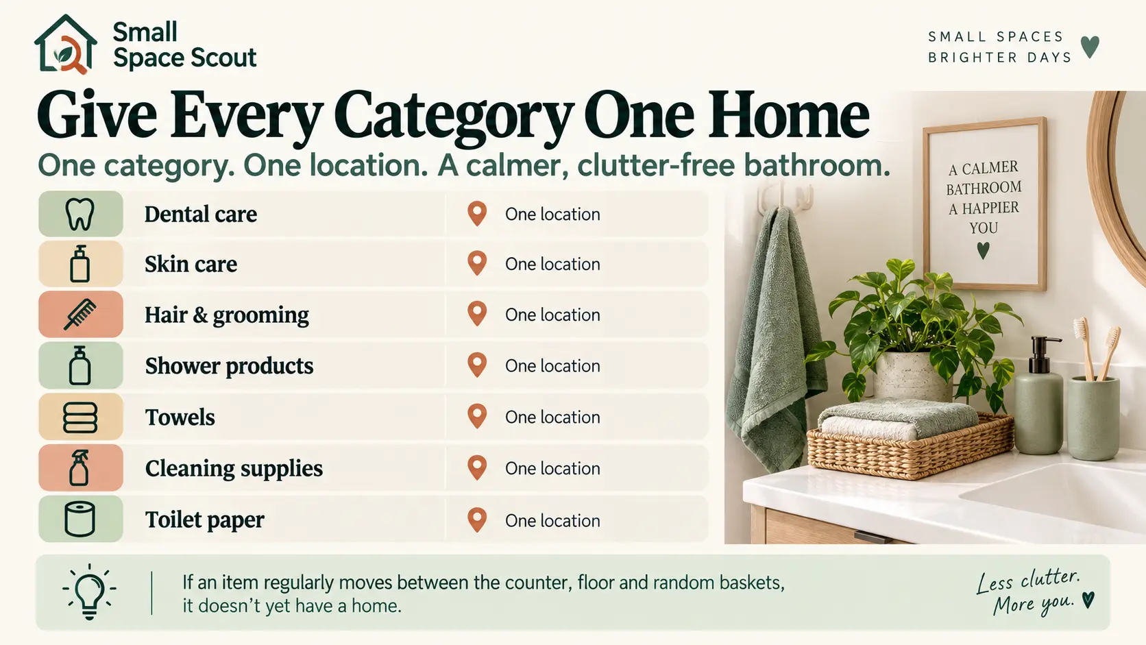Bathroom organization diagram assigning one permanent home to dental care, skin care, towels, cleaning supplies, and other categories