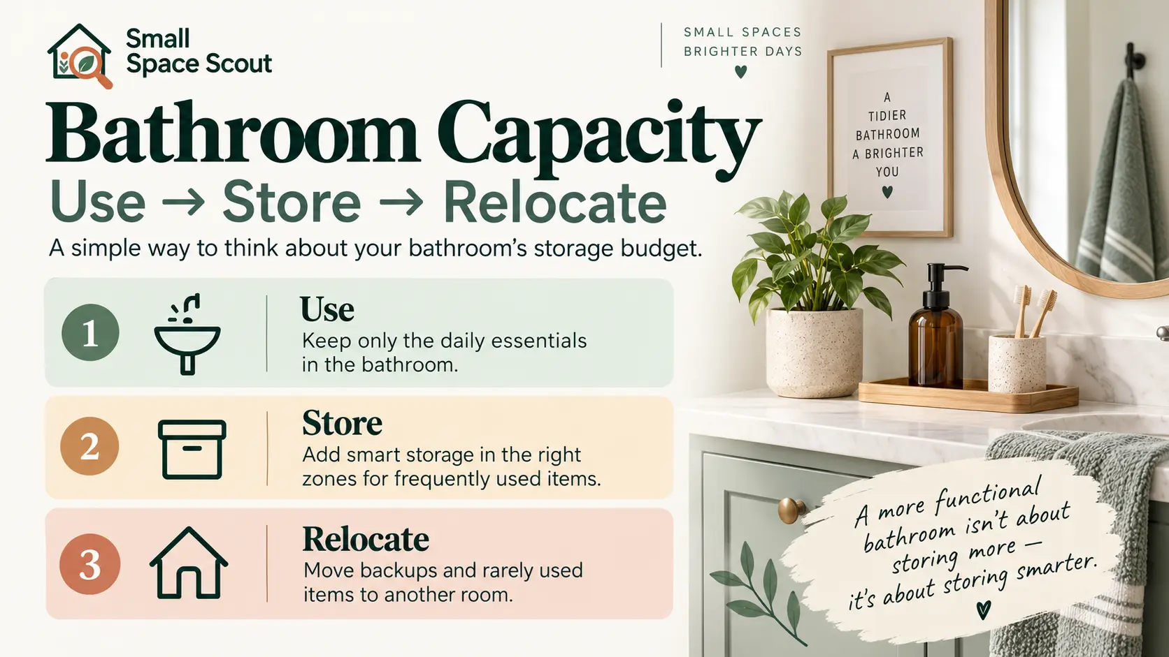 Small bathroom with almost no built-in storage organized around clear surfaces, defined zones, and limited daily essentials