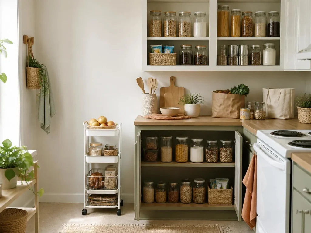 Small kitchen with food jars in upper and lower cabinets and a slim cart holding fruit and dry goods.