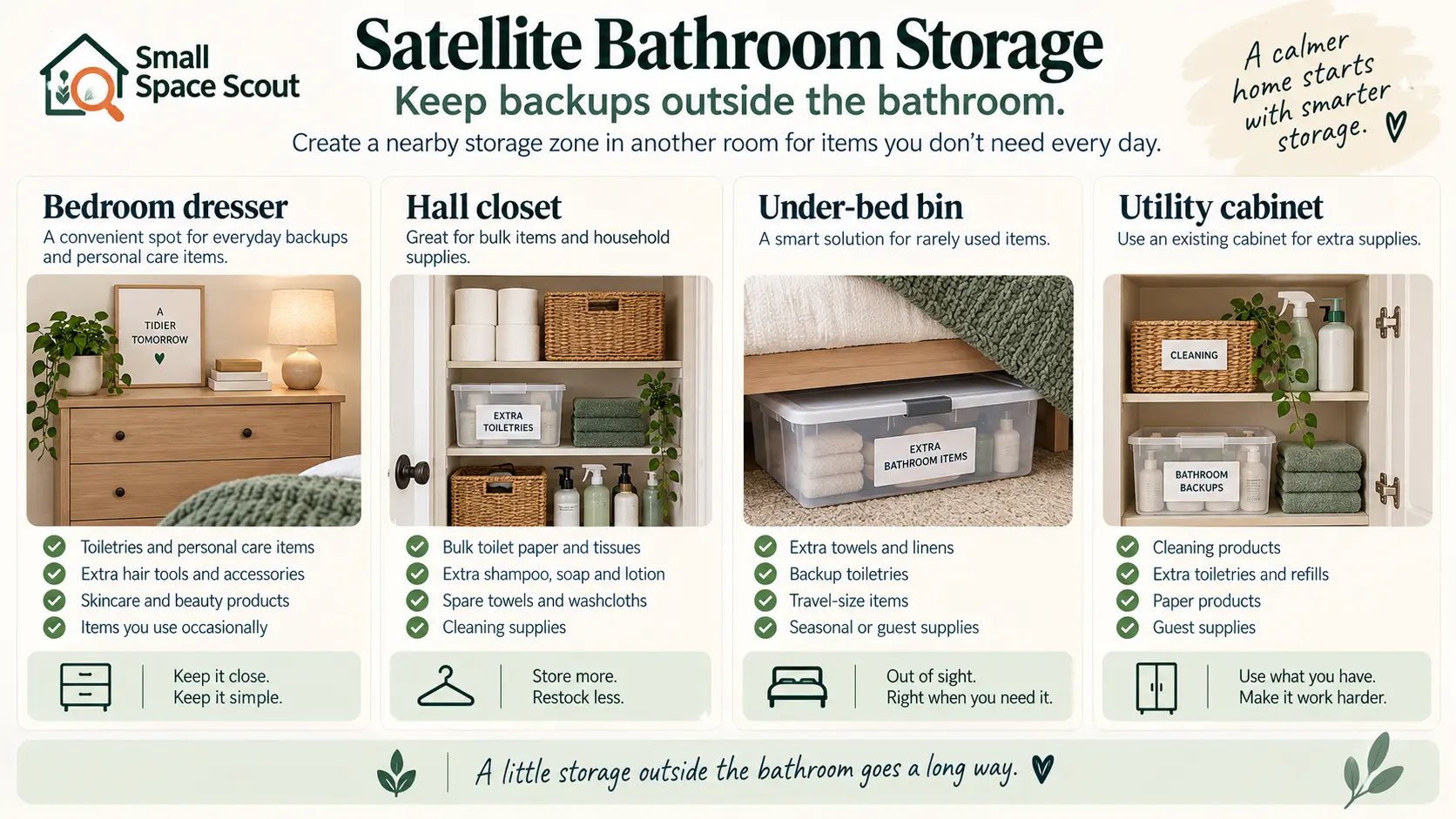 Satellite bathroom storage ideas using a bedroom dresser, hall closet, under-bed bin, and utility cabinet for backups