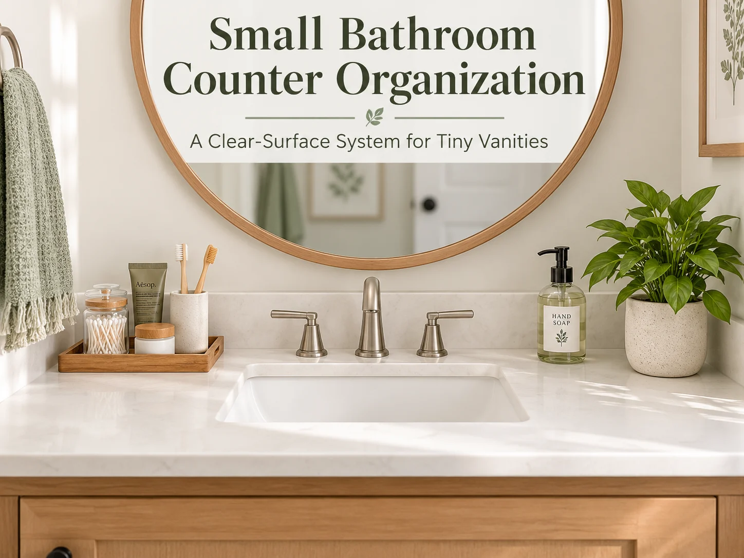 Small bathroom vanity with a clear counter, hand soap, toothbrush holder, and a shallow tray for daily essentials.