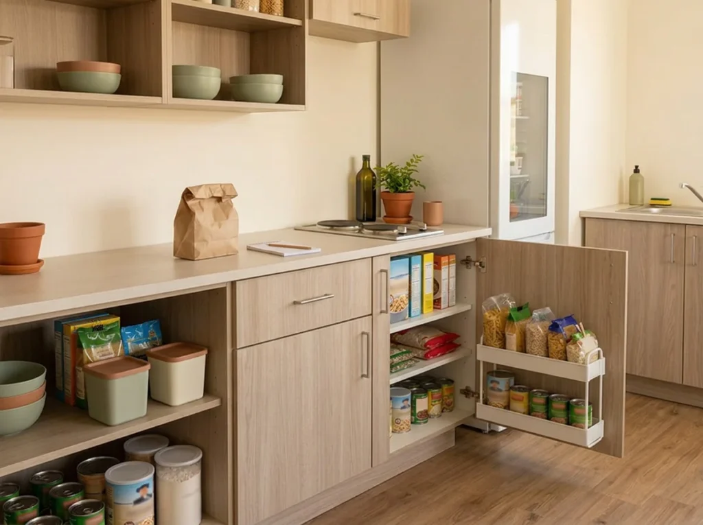 Dry groceries arranged in lower kitchen cabinets, lidded containers and a cabinet-door rack.