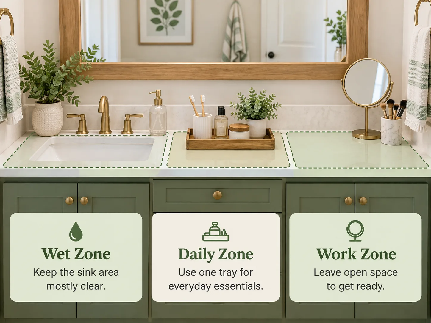 Small bathroom counter divided into wet, daily, and work zones to keep a tiny vanity organized and usable.
