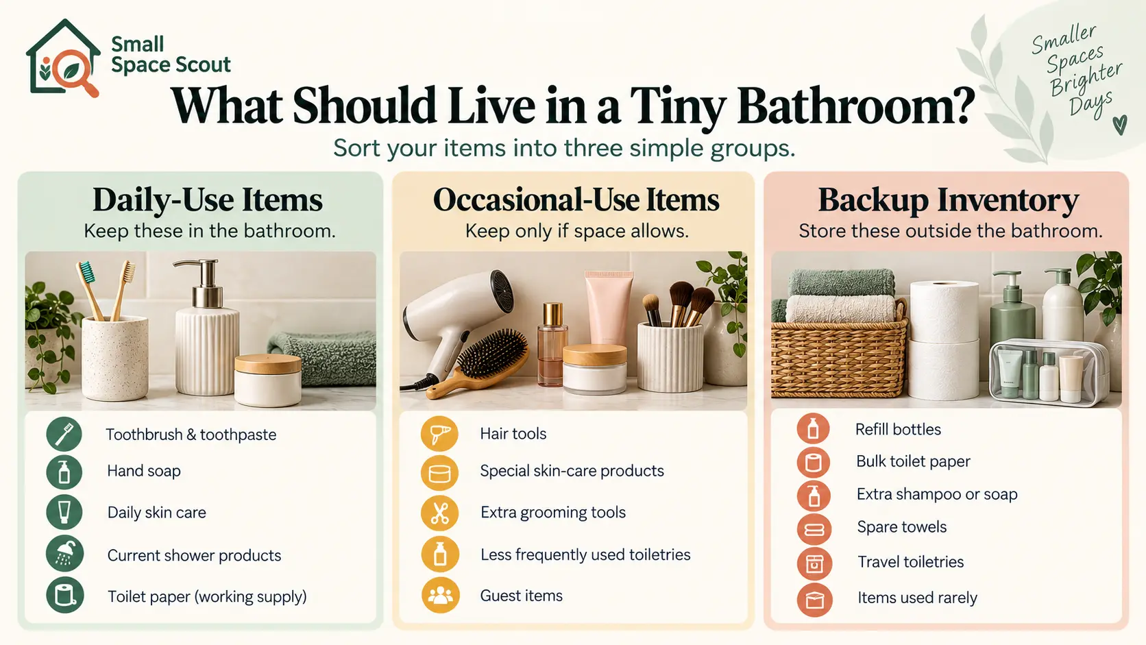 Chart showing daily-use, occasional-use, and backup items for organizing a small bathroom with no storage