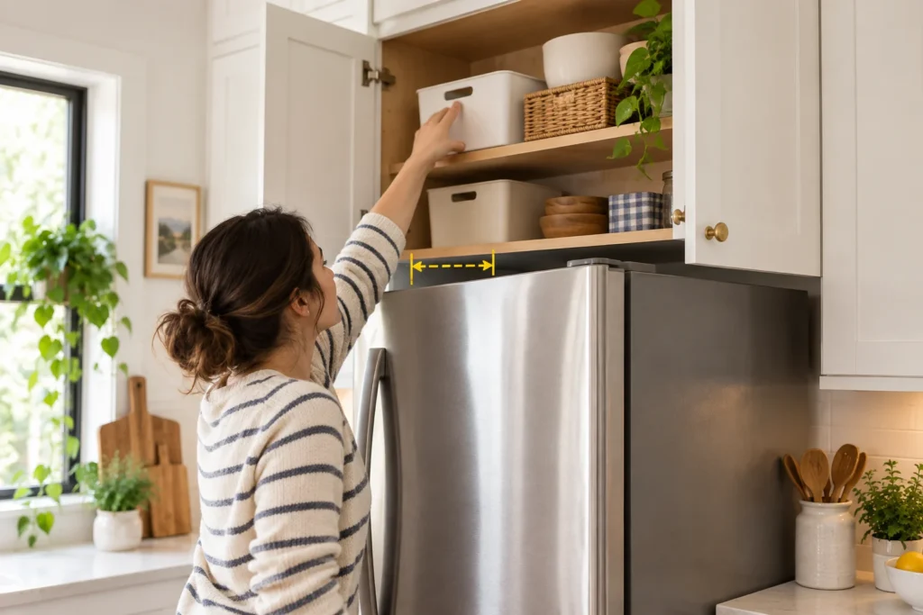 Woman reaching into an upper kitchen cabinet above a deep refrigerator, with a yellow arrow highlighting the reach setback.