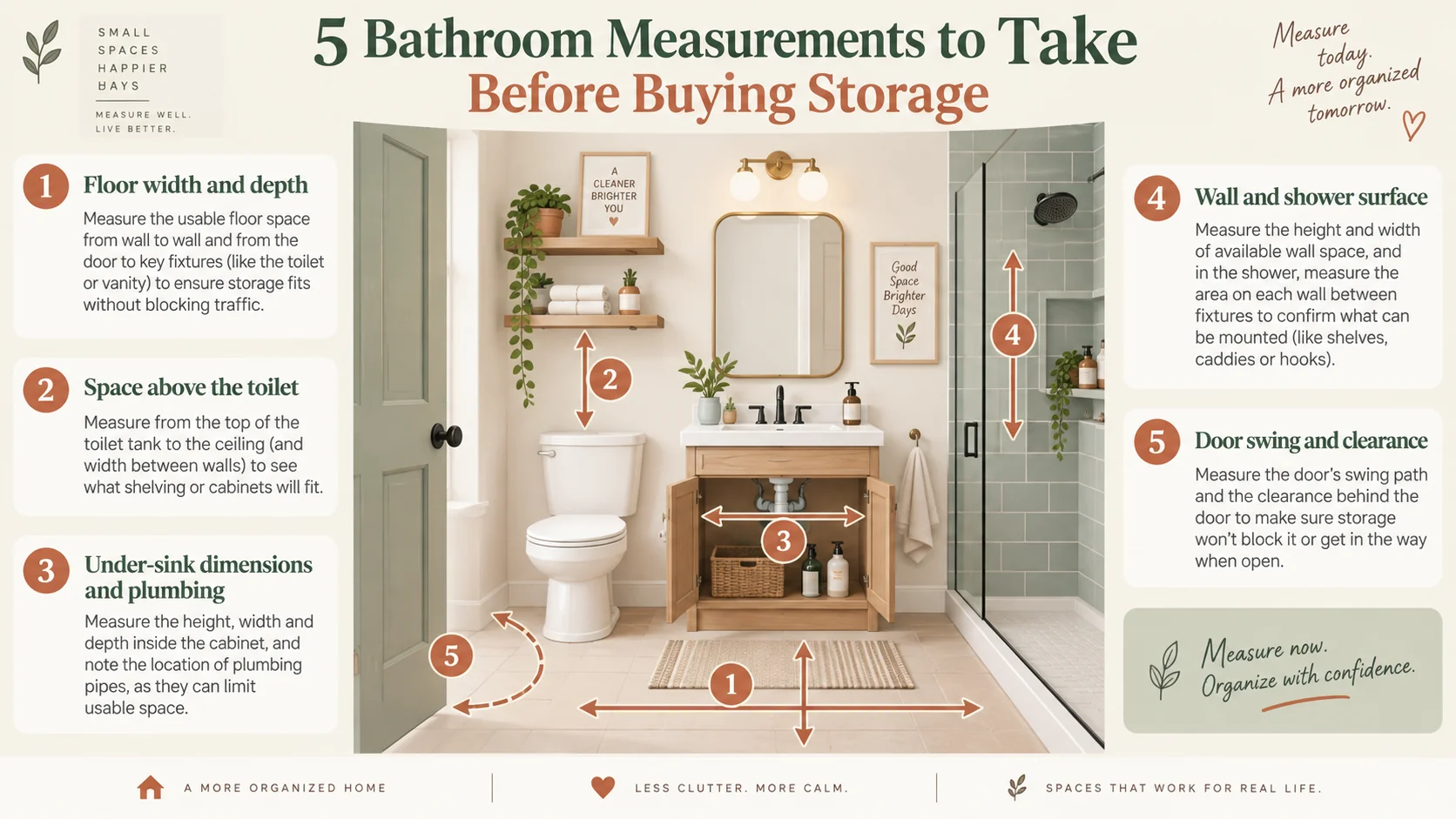 Diagram showing five bathroom measurements to take before buying storage for a small rental bathroom