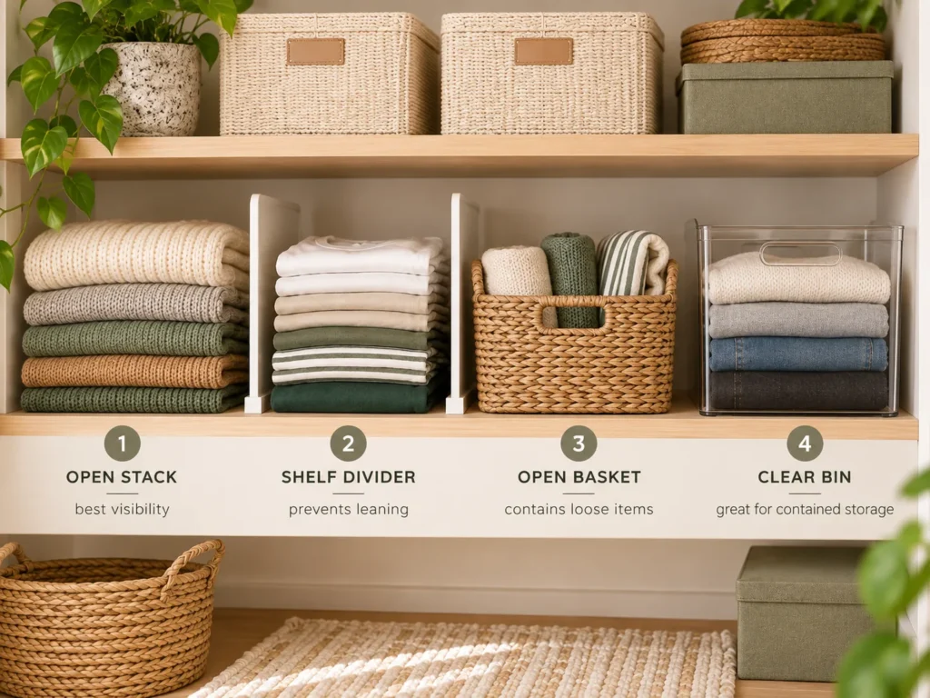 Comparison of closet shelf organization methods including open stacks, shelf dividers, open baskets and clear storage bins.