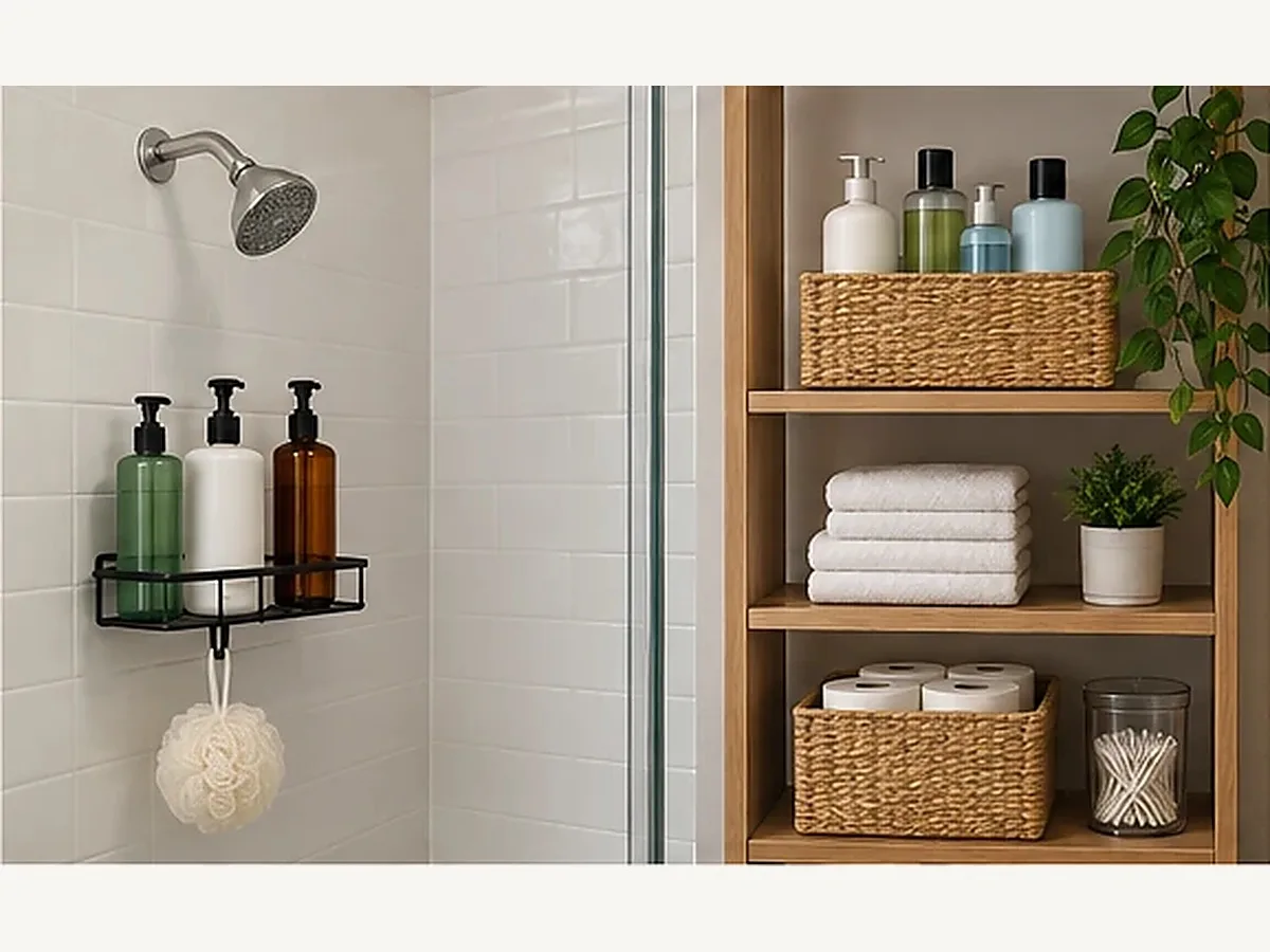 Daily shower products kept in the shower with backup toiletries stored outside the wet zone
