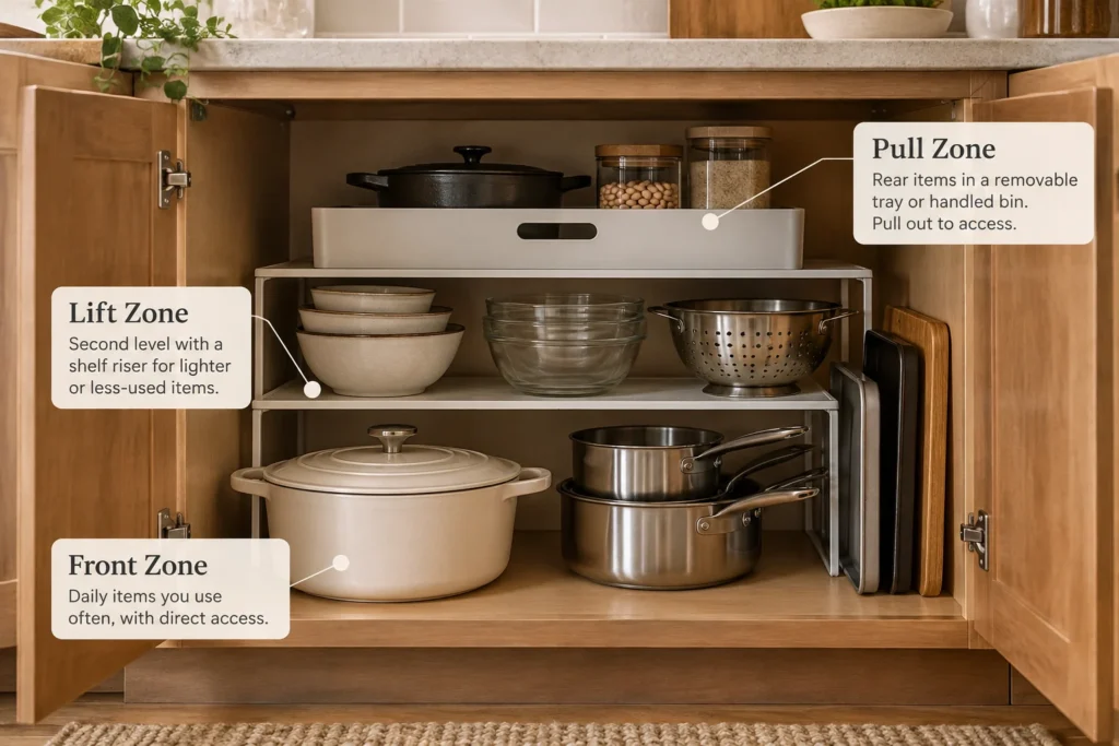 Deep kitchen cabinet organization diagram showing everyday cookware in the front zone, a shelf riser creating a second level, and a removable tray for items stored at the back.