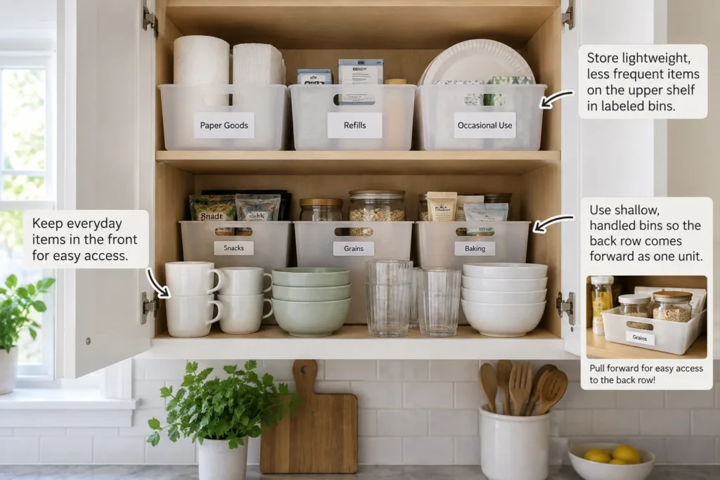 Organized upper kitchen cabinet with labeled storage bins for paper goods, refills, snacks, grains, and baking supplies, with everyday dishes positioned at the front.