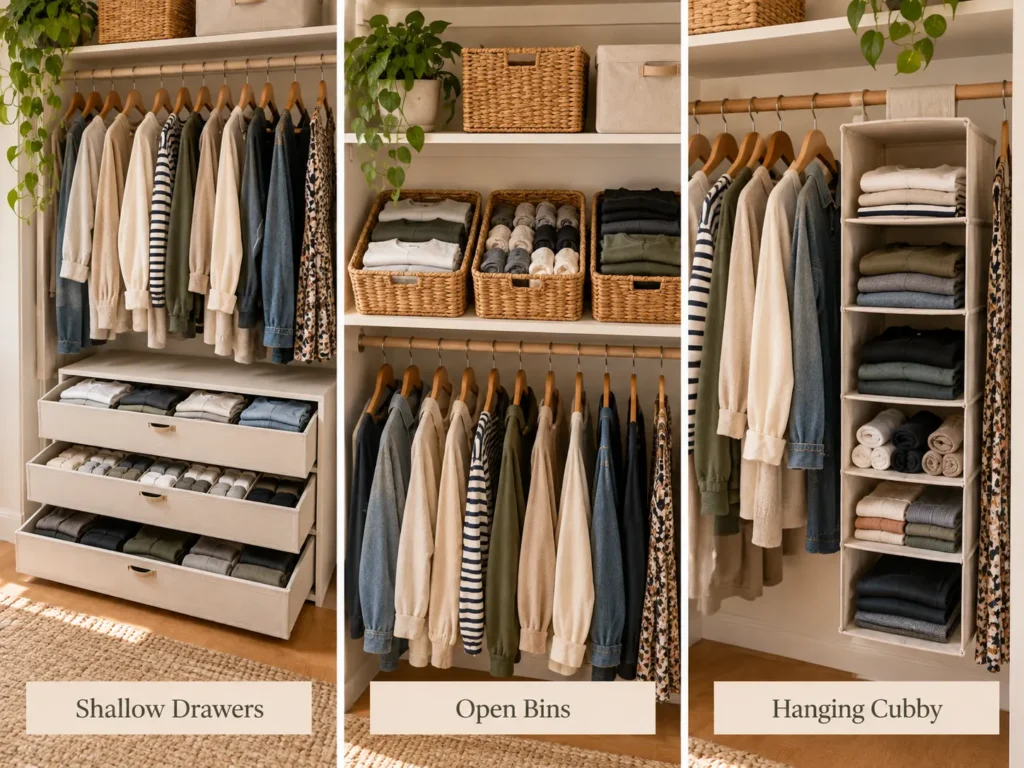 Comparison of dresser alternatives for a small closet including shallow drawers, open bins and a hanging cubby for folded clothes.