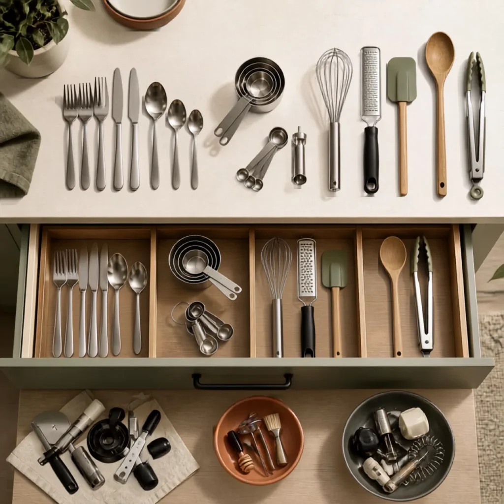 Everyday kitchen utensils grouped before organizing a narrow drawer