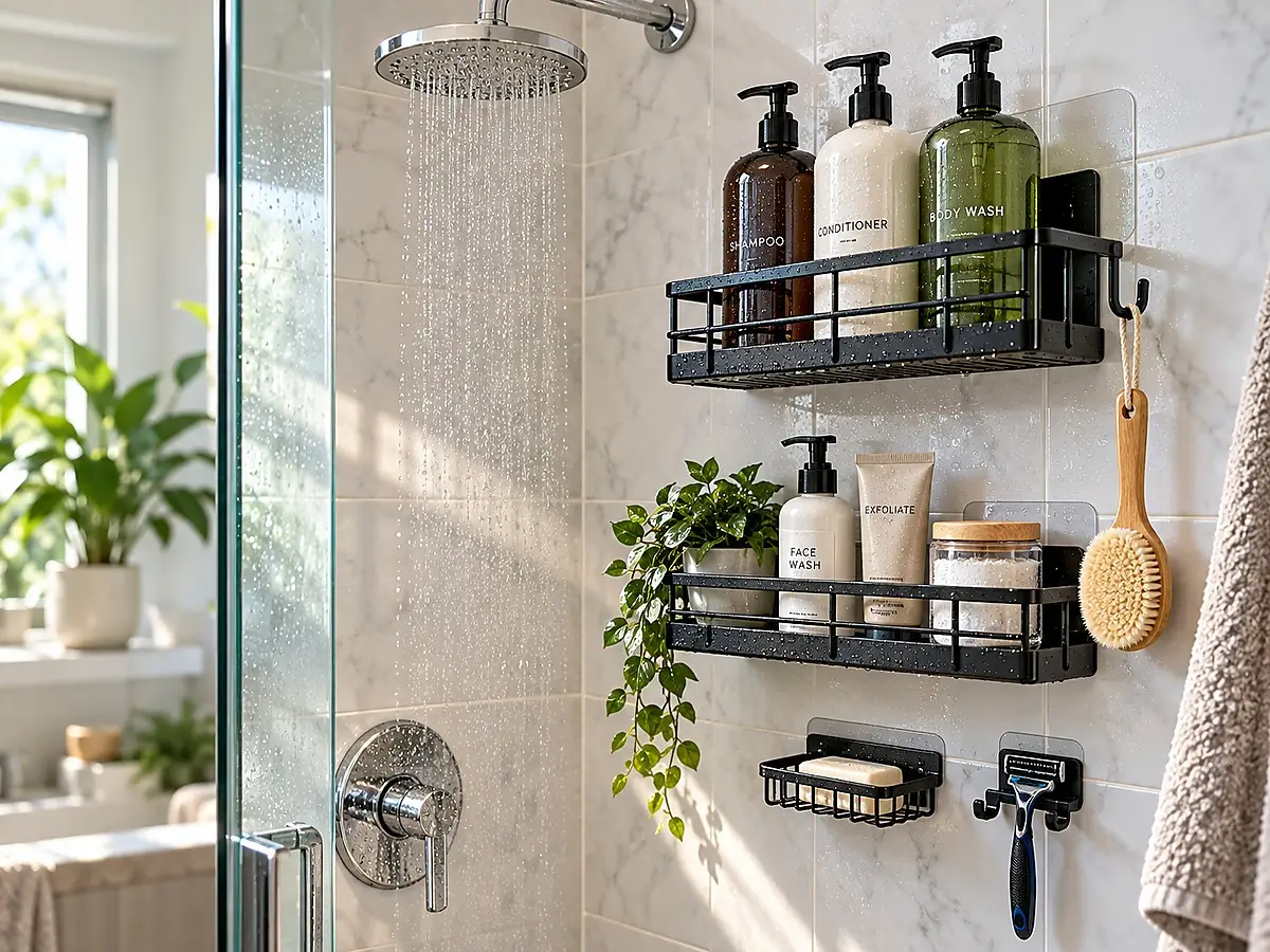 Adhesive shower caddies mounted on smooth tile with organized shampoo body wash and shower accessories