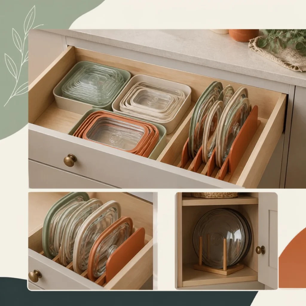 Flat stacks and upright dividers used to organize food container lids in a shallow drawer