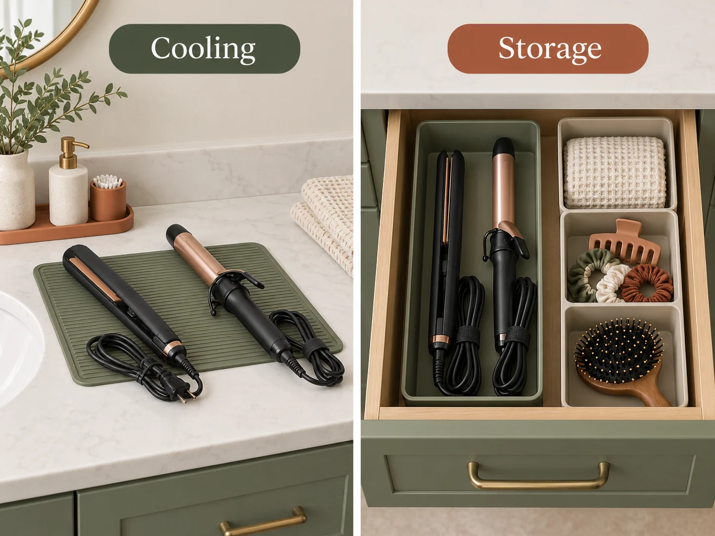 Comparison of styling tools cooling on a mat and cooled tools organized in a bathroom drawer.