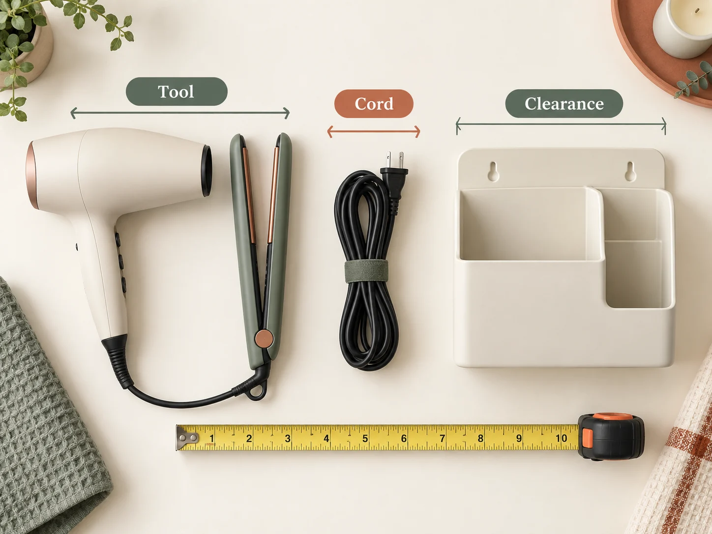 Illustrated guide showing a hair dryer, straightener, cord and organizer clearance to consider before buying storage.