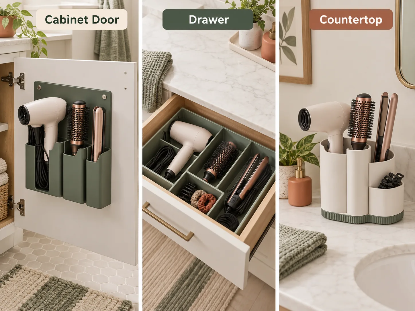 Three bathroom hair tool storage options: cabinet-door holder, organized drawer and countertop caddy.