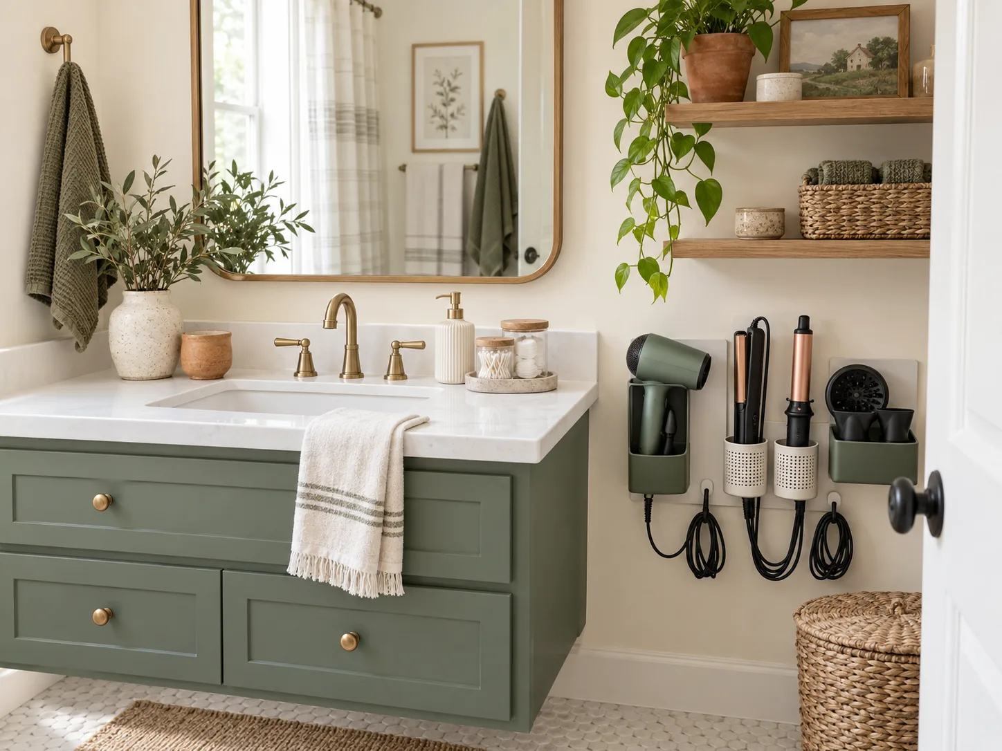 Hair tool storage ideas for small bathrooms with wall holders for a dryer, straightener and curling wand.