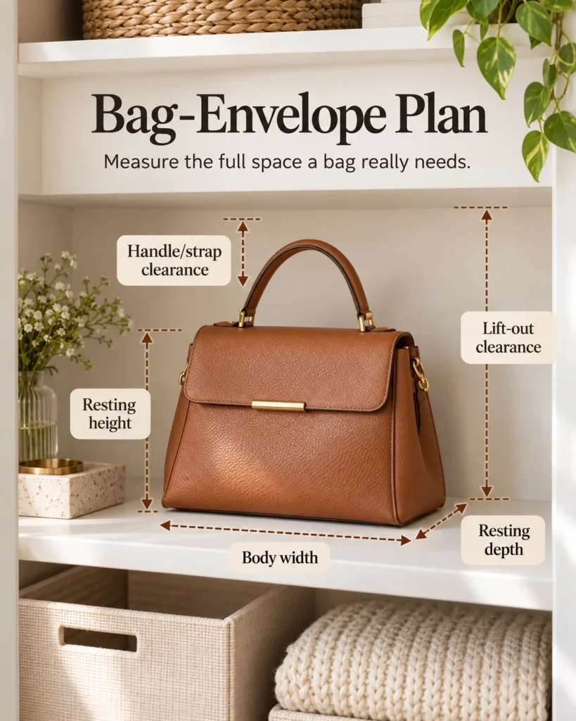 Bag-Envelope Plan showing handbag body width, resting depth, resting height, handle clearance and lift-out clearance for closet storage.