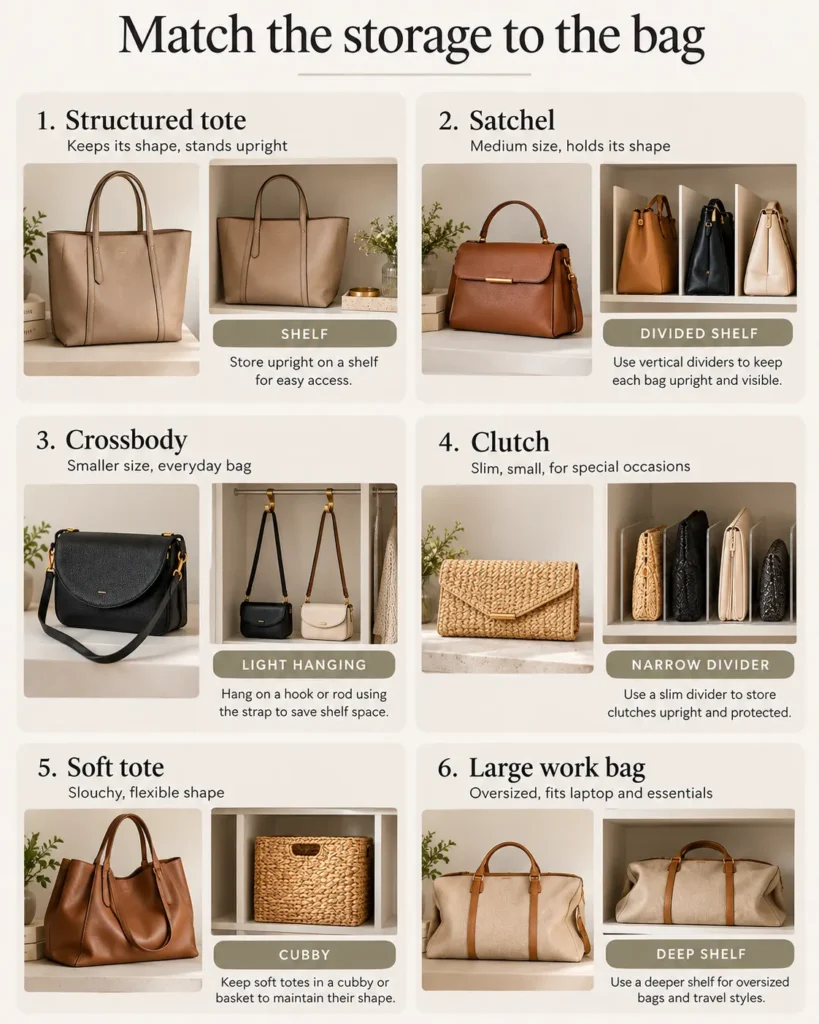 Handbag storage comparison showing recommended closet storage for structured totes, satchels, crossbody bags, clutches, soft totes and large work bags.