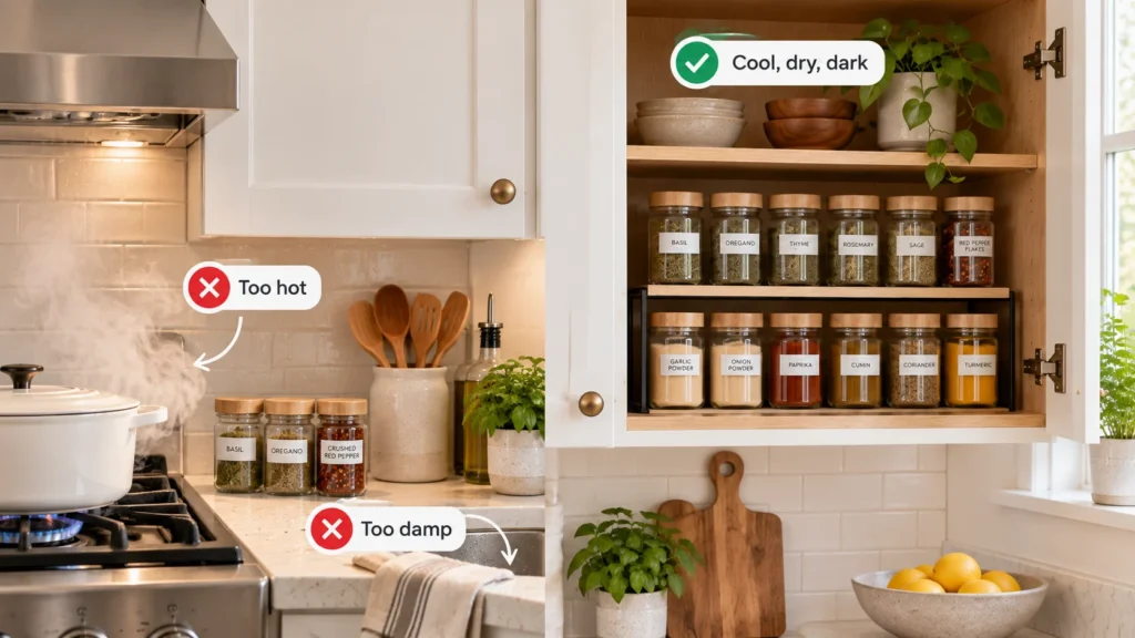Comparison showing spices exposed to heat and steam near a stove and sink versus labeled spice jars stored in a separate kitchen cabinet.