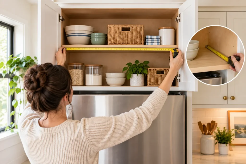 Woman measuring the width of an open cabinet above a refrigerator with a tape measure, with an inset showing the cabinet depth measurement.