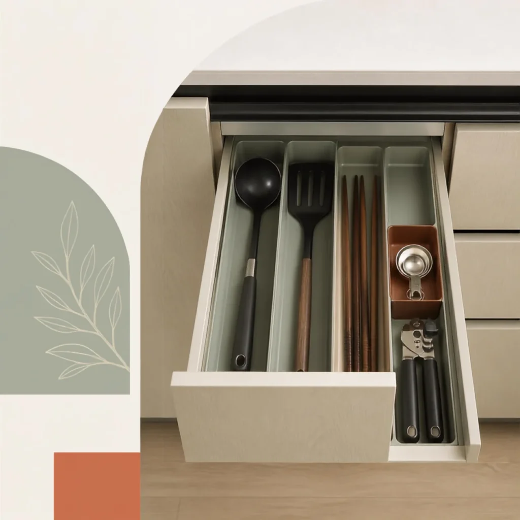 Loaded narrow kitchen drawer tested with long and bulky utensils arranged by shape