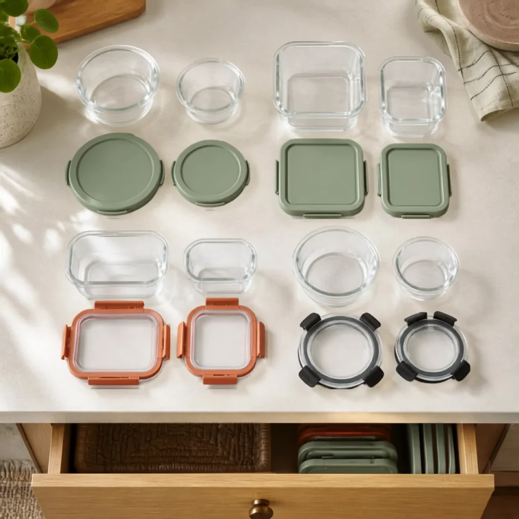 Food container lids grouped with their matching containers before drawer storage