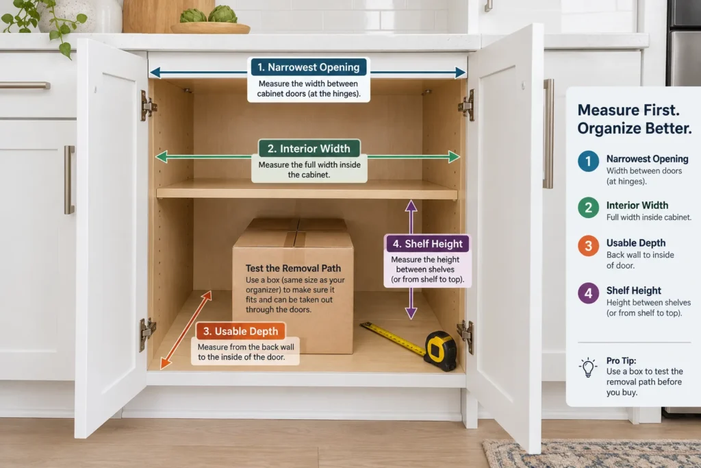 Open kitchen cabinet diagram showing measurements for the narrowest door opening, interior width, usable depth, and shelf height, with a cardboard box for testing organizer fit.