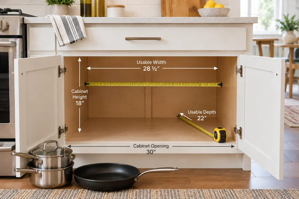 Open lower kitchen cabinet with a tape measure and illustrated width, height, depth, and door opening measurements.