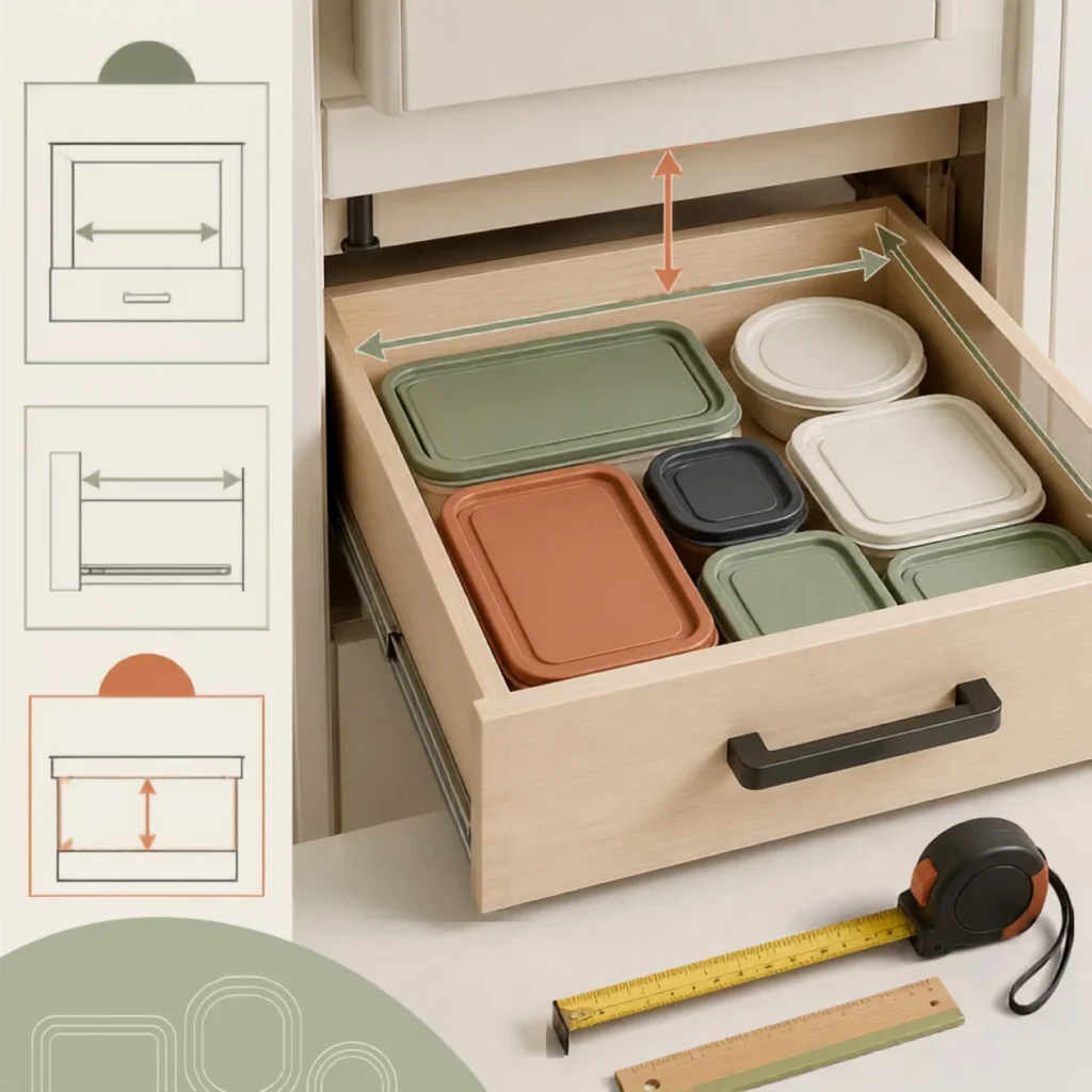 Measuring the usable clearance of a shallow drawer for food container lid storage