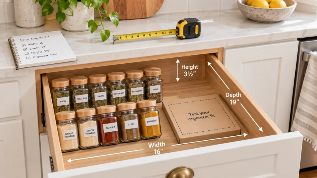 Open kitchen spice drawer with labeled jars, measurement arrows showing width, depth and height, and a cardboard template for testing organizer fit.