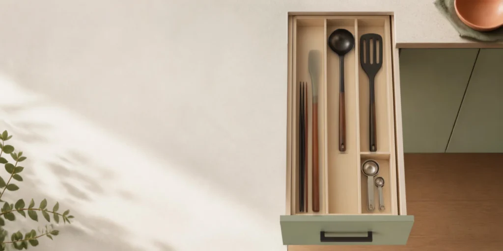 Narrow kitchen drawer organized with everyday utensils in compact compartments