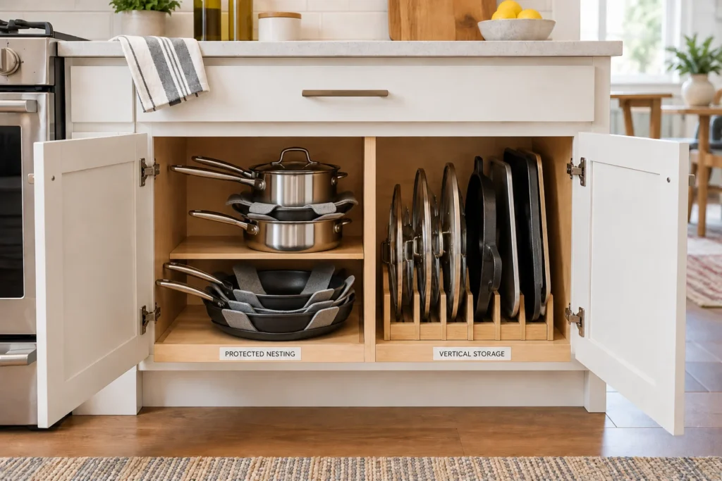 Kitchen cabinet showing nested pots and pans with protective liners on the left and vertically stored cookware on the right.