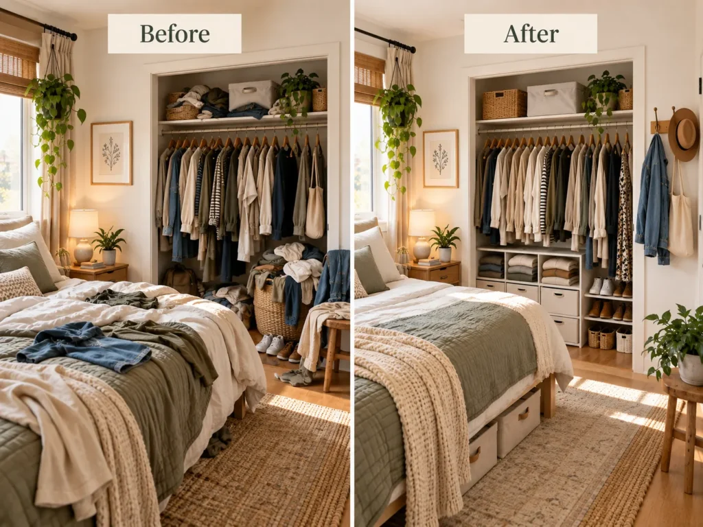 Before and after small bedroom organization showing cluttered clothes transformed with closet shelves, low drawers, under-bed storage and hooks.