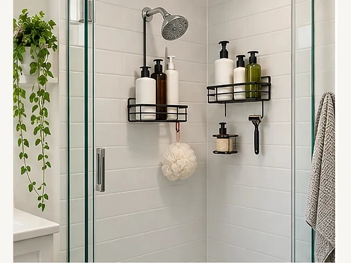 Small rental shower with organized no-drill shower storage and daily-use toiletries