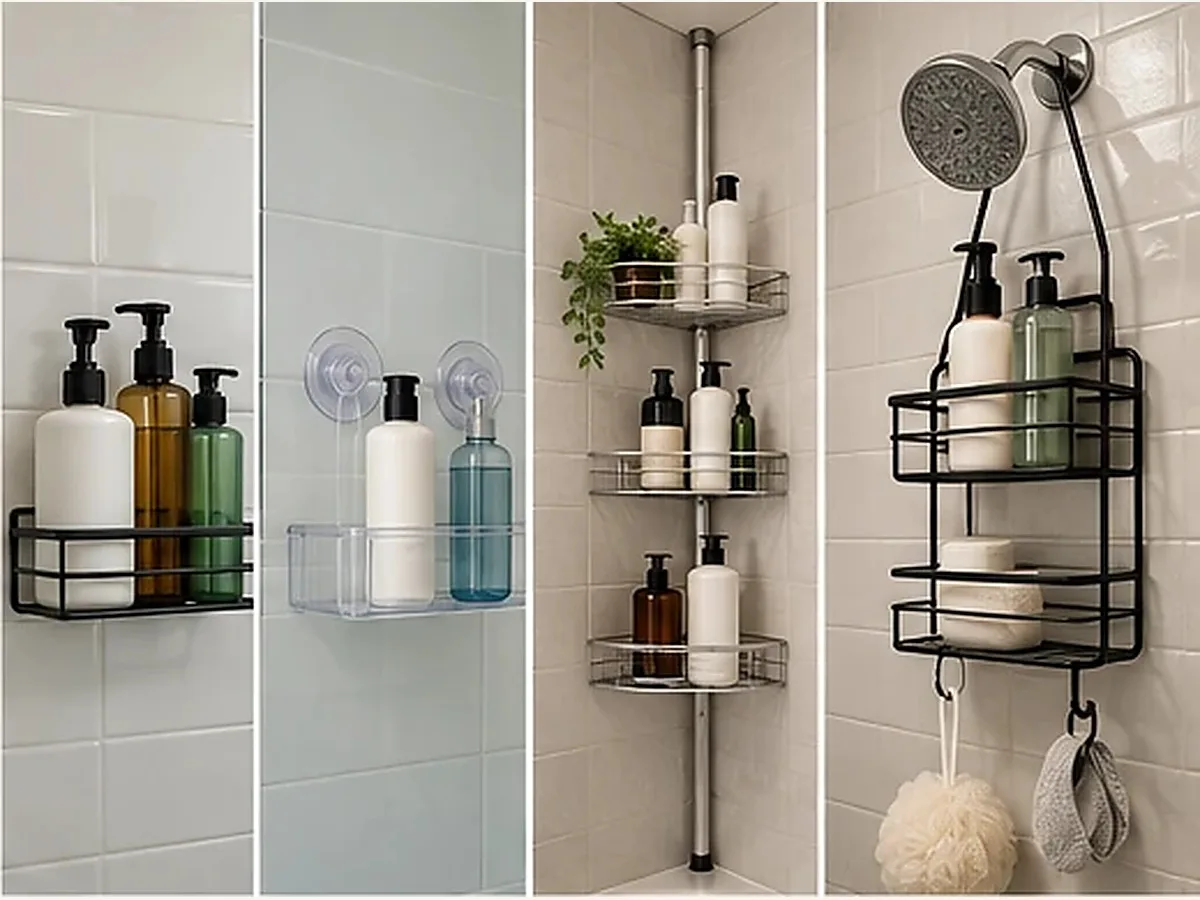 No-drill shower storage methods showing adhesive suction tension pole and hanging caddy setups