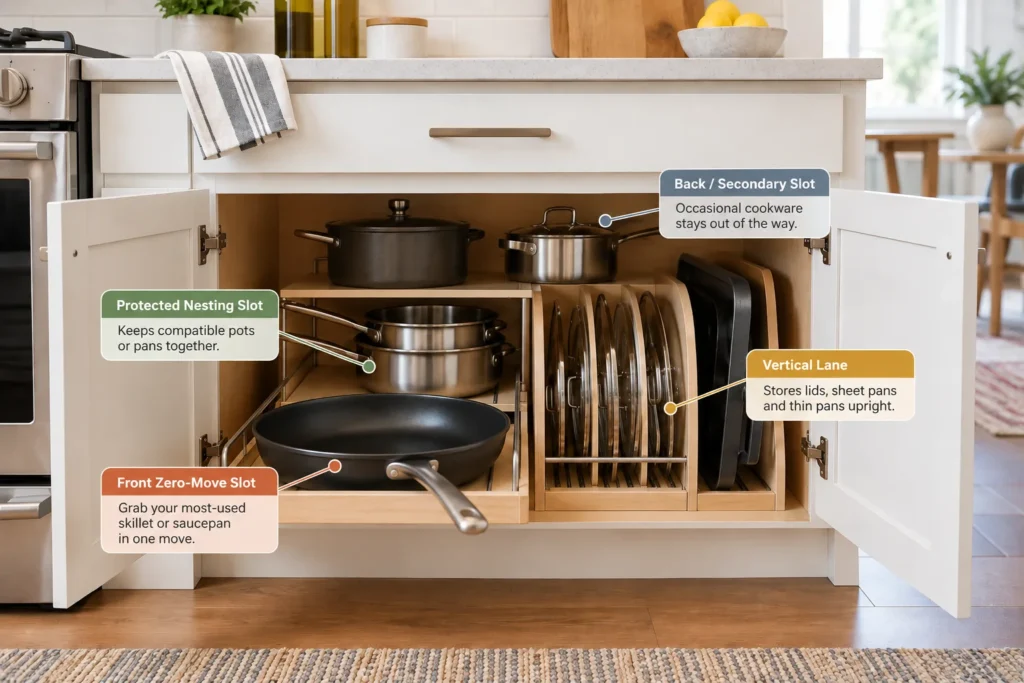 Organized kitchen cabinet diagram showing a front-access frying pan, protected nesting area, vertical lid storage, and secondary cookware space.
