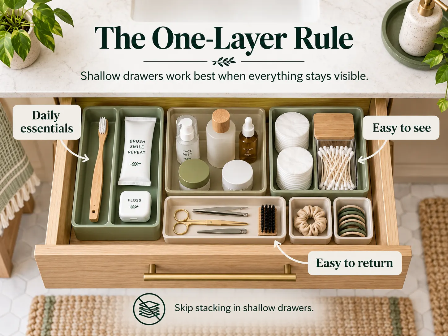 Shallow bathroom drawer organized in one visible layer with daily essentials in low-profile trays.