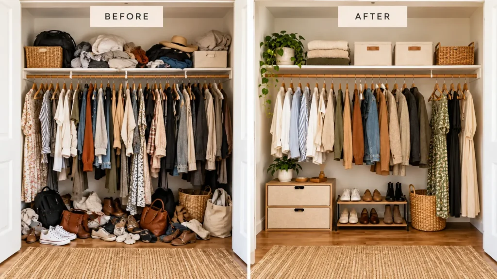 Before and after closet organization showing a cluttered one-rod one-shelf closet transformed with balanced rod, shelf and floor storage.