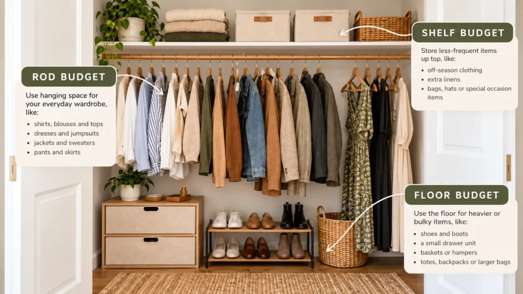 Load-Balance Plan showing rod budget, shelf budget and floor budget in a closet with one rod and one shelf.