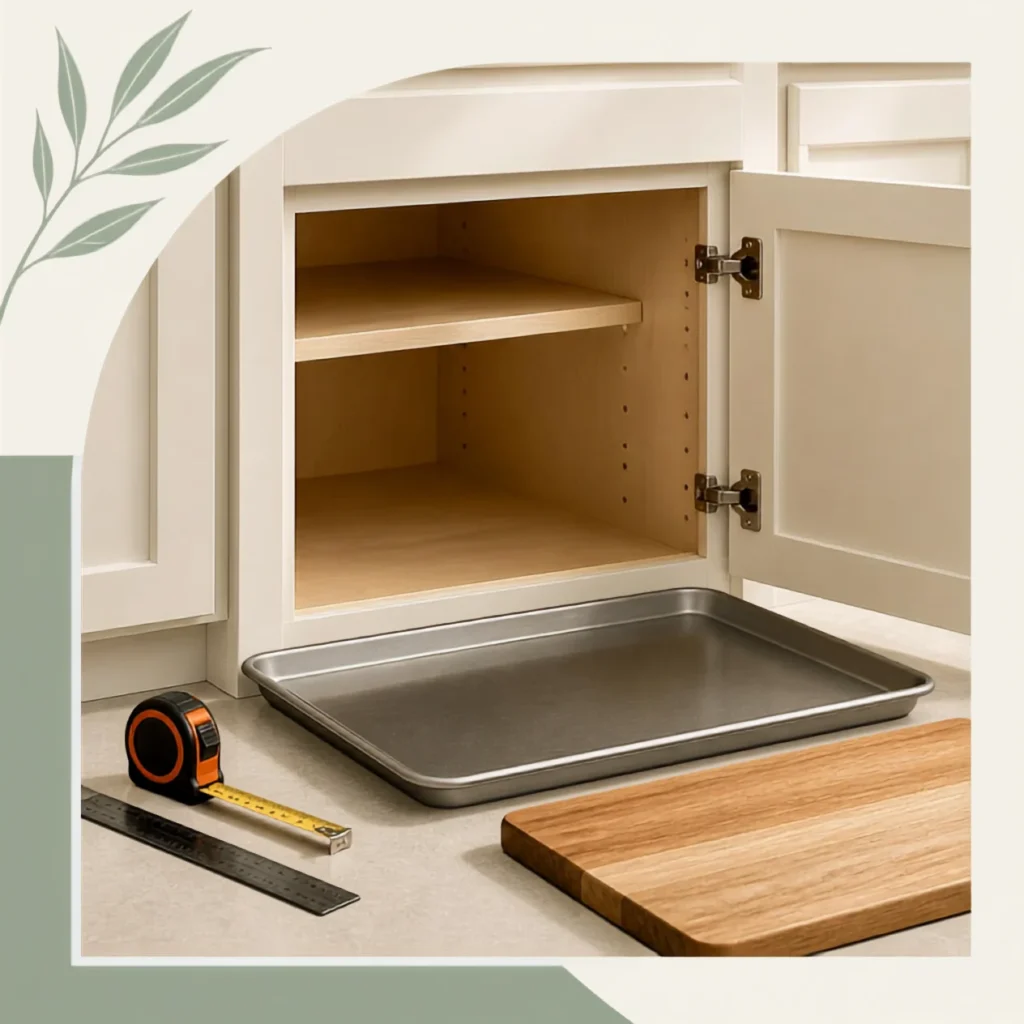 Baking sheets, cutting boards, cooling racks and trays grouped before cabinet organization