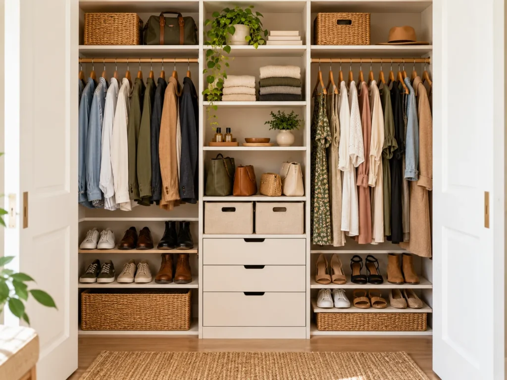 Organized small closet for two people with separate hanging sections, folded storage, shoe zones and shared drawers.