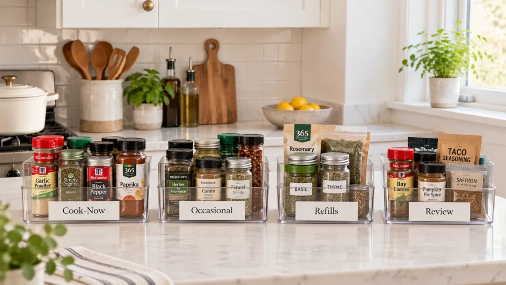 Four clear storage bins labeled Cook-Now, Occasional, Refills, and Review, holding spice bottles and seasoning packets sorted by usage.