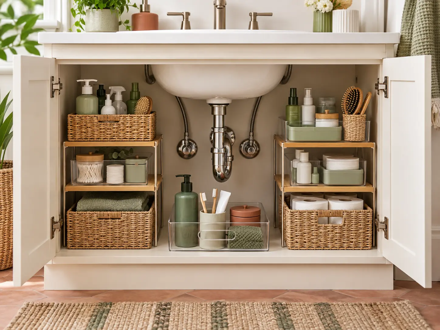 Organized under-sink bathroom cabinet with centered plumbing and storage on both sides