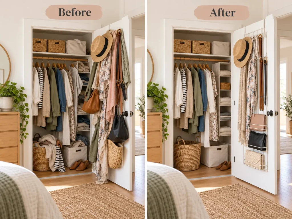 Before and after closet organization showing cluttered door storage transformed into a renter-friendly over-the-door system.