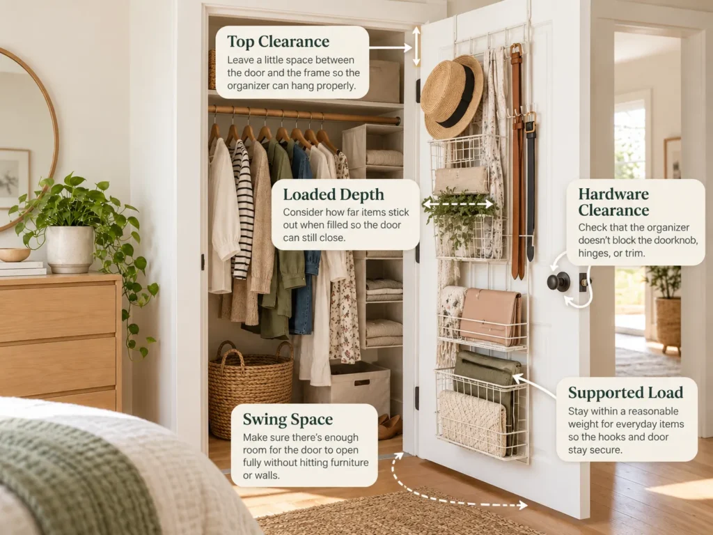 Door-Budget Plan for over the door closet storage showing top clearance, loaded depth, swing space, hardware clearance and supported load.